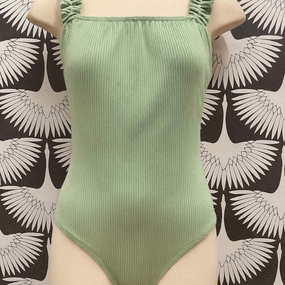 Mint Green Ribbed Bodysuit with Ruffled Straps Size Small